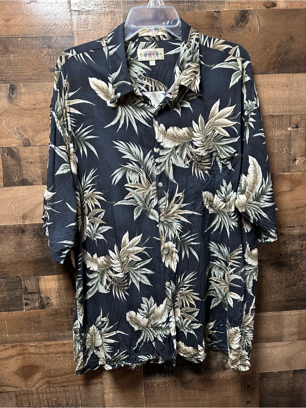 Campia Moda Hawaiian Shirt XXL Black Tropical Leaves Rayon Camp Aloha